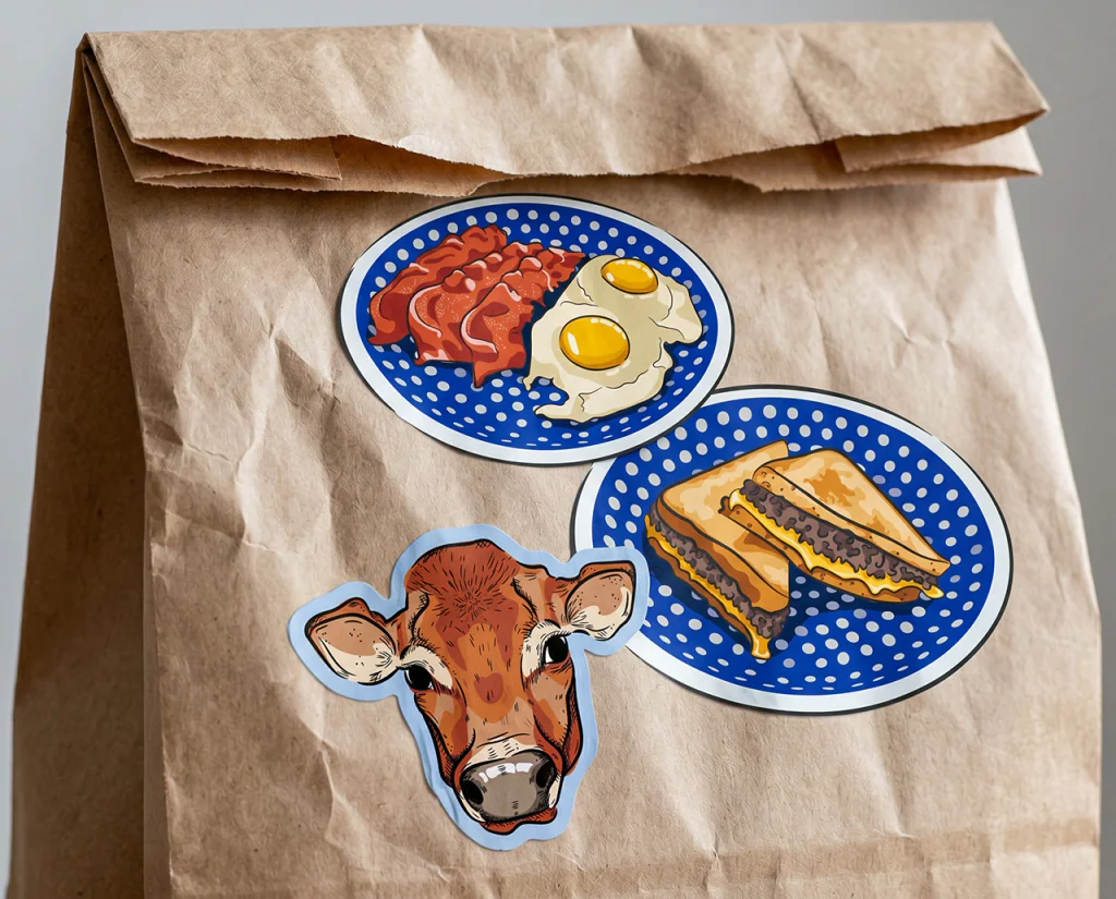 MUUU bistro: naklejki z jajkami, tostem i głową krowy na papierowej torbie, autorskie ilustracje