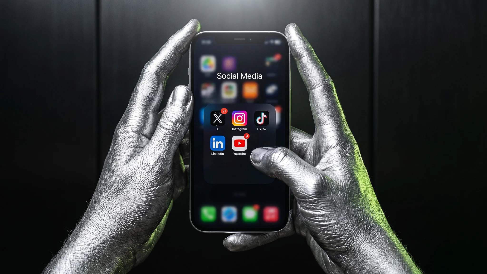 Srebrne dłonie z telefonem otwartym na folderze Social Media: X, Instagram, TikTok, LinkedIn, YouTube