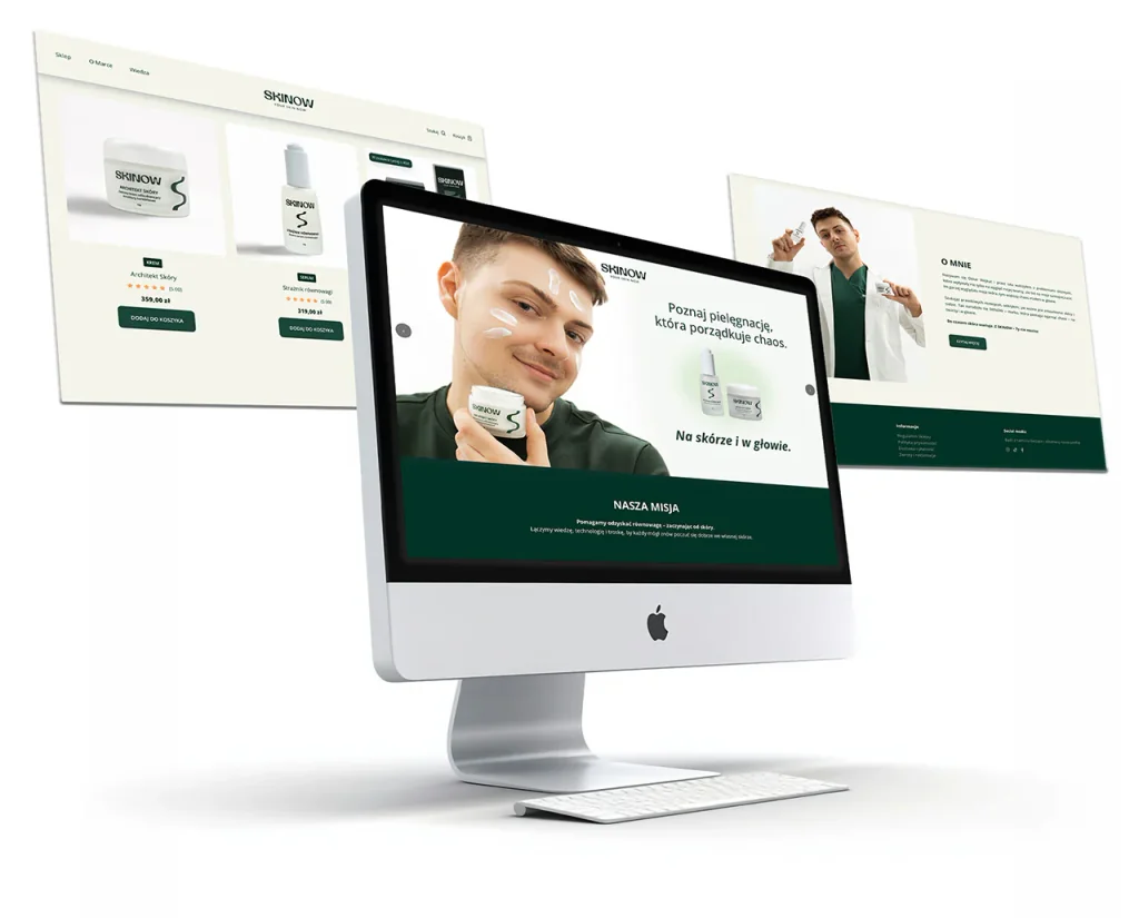 SKINOW: makieta sklepu internetowego na monitorze, projekt e-commerce