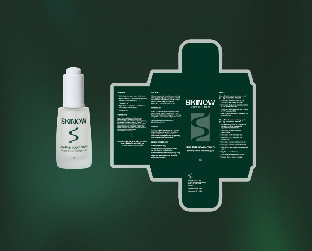 SKINOW: serum Strażnik Równowagi i rozkładówka pudełka, projekt opakowania