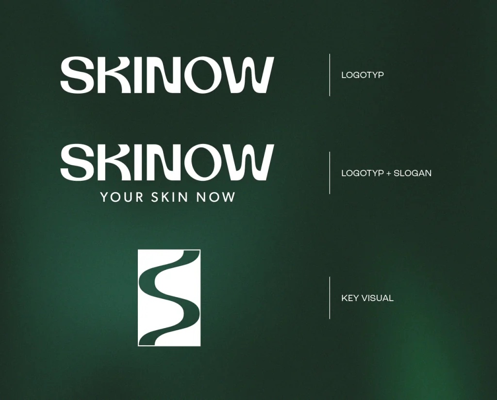 SKINOW: logotyp, wersja ze sloganem Your Skin Now i key visual, system znaku