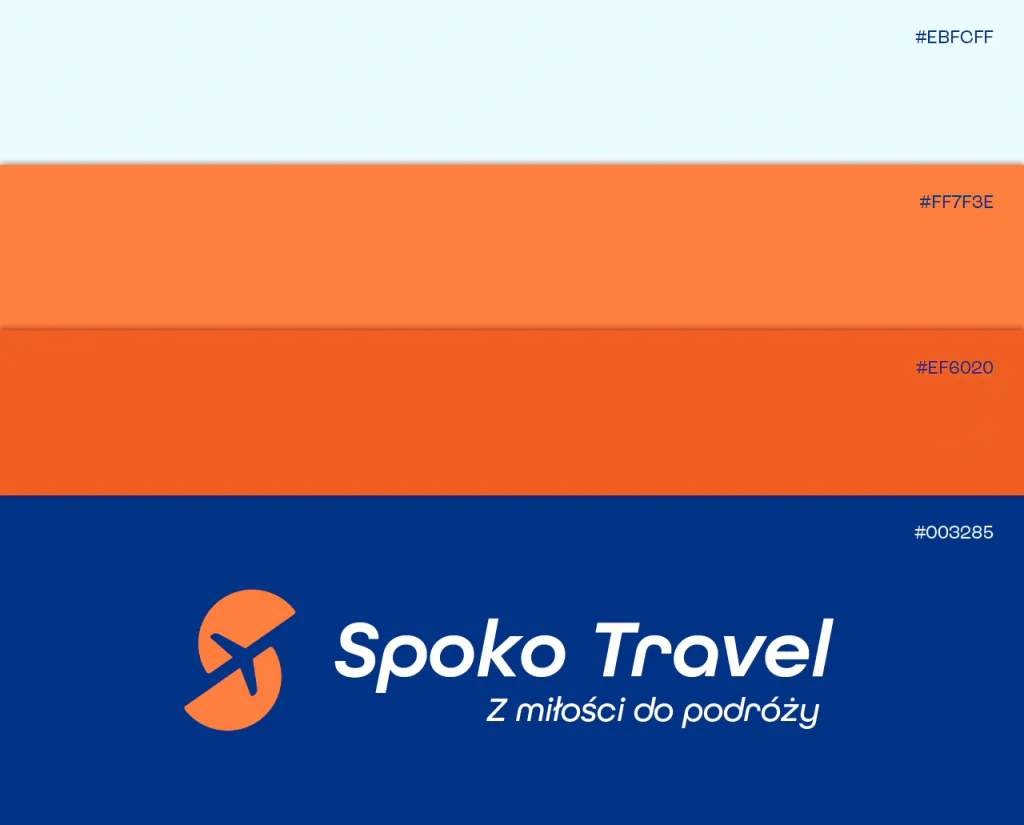 Spoko Travel: paleta marki z kodami HEX, błękit, dwa pomarańcze i granat