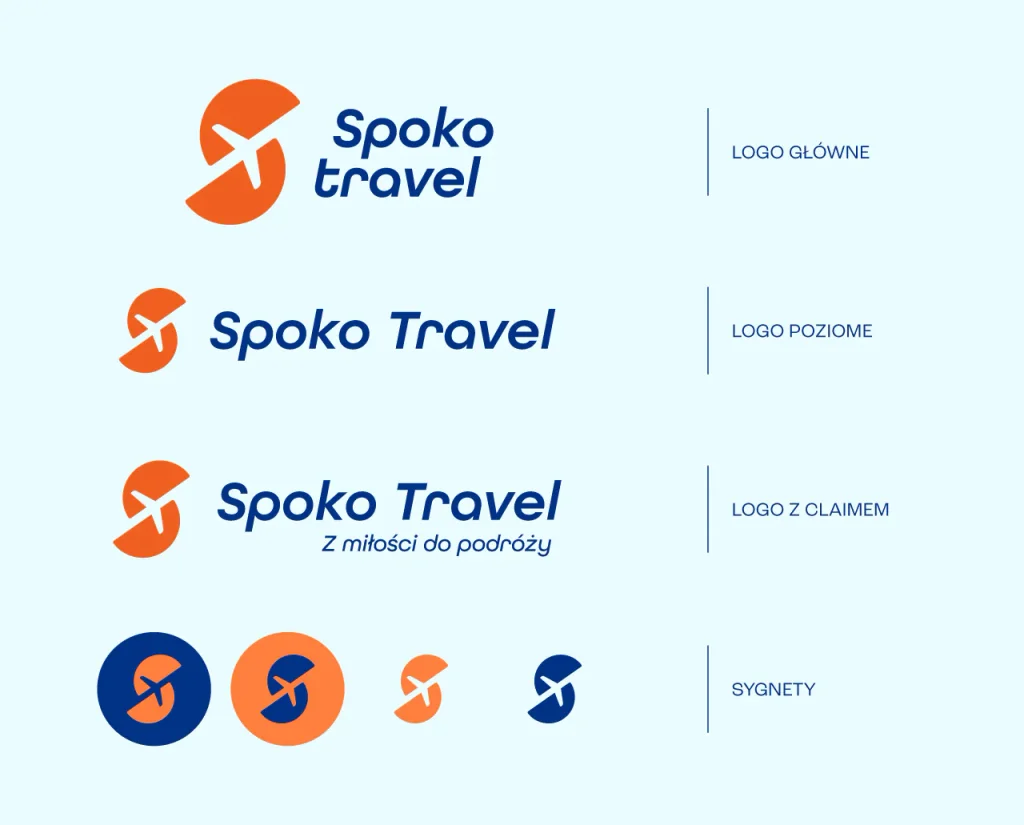 Spoko Travel: logo główne, poziome, wersja z claimem i cztery sygnety, system znaku